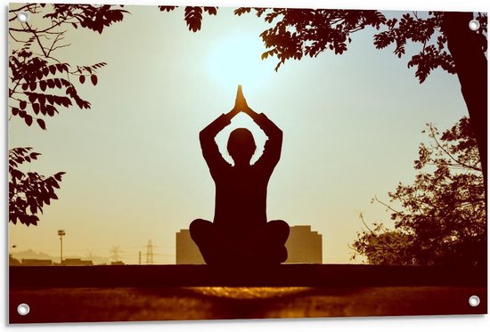 Tuinposter – Yoga bij Zonsondergang - 90x60cm Foto op Tuinposter  (wanddecoratie voor buiten en binnen)