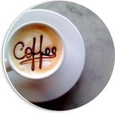 Forex Wandcirkel - Koffiekop met tekst: ''Coffee'' - 20x20cm Foto op Wandcirkel (met ophangsysteem)