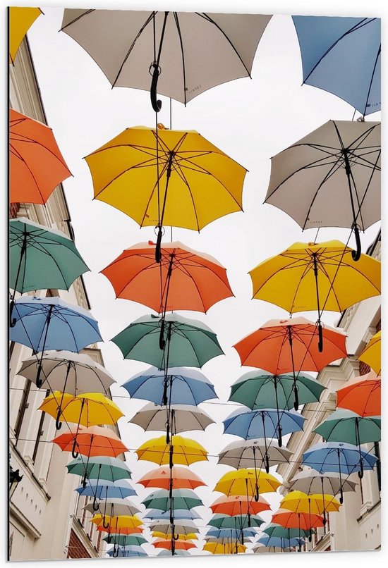 Dibond - Gekleurde Paraplu's Geel/Oranje/Blauw - 60x90cm Foto op Aluminium (Wanddecoratie van metaal)