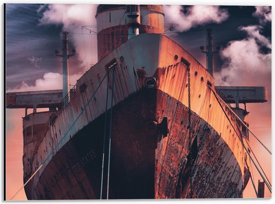 Foto: Dibond oud verroest schip met oranjekleurige lucht 40x30cm foto op aluminium met ophangsysteem 