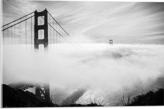 Acrylglas - Golden Gate Bridge met Mist (zwart/wit) - 60x40cm Foto op Acrylglas (Wanddecoratie op Acrylglas)