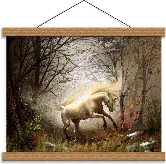 Schoolplaat – Wit Paard in Magisch Bos - 40x30cm Foto op Textielposter (Wanddecoratie op Schoolplaat)