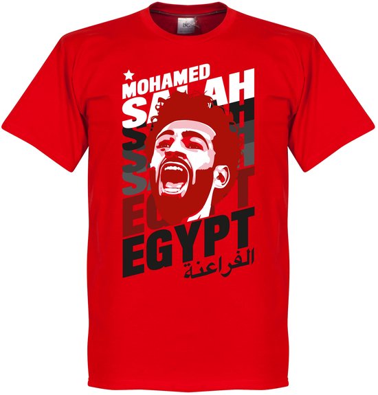Rood T-shirt met Mohamed Salah-portret, "EGYPT" en Arabische tekst.