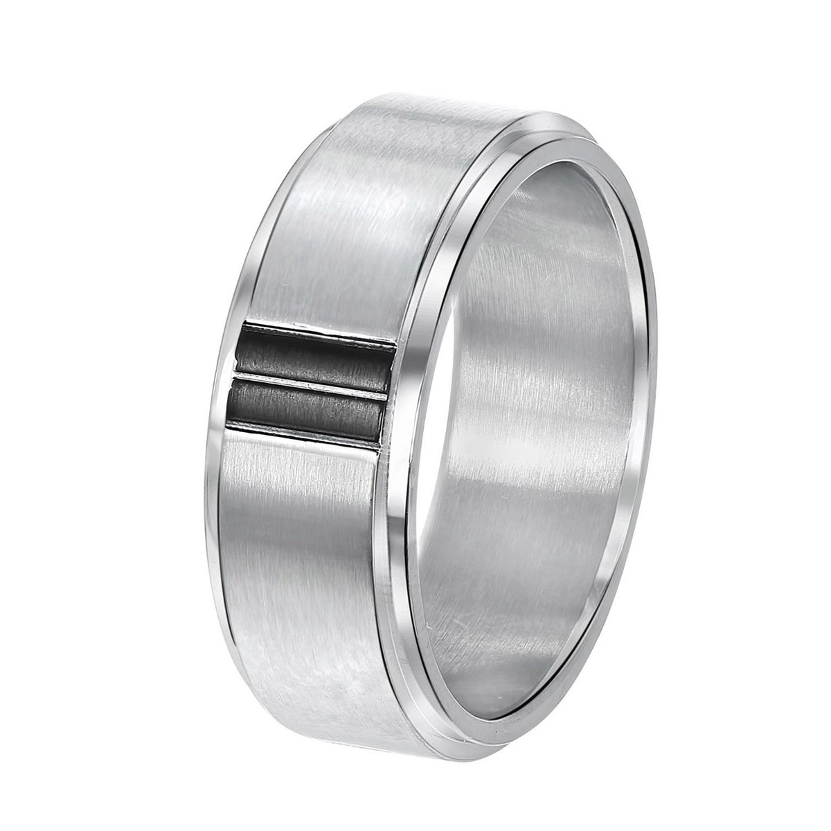 Lucardi Heren Ring mat/glans met zwart - Ring - Vaderdag Cadeautje - Staal - Zilverkleurig