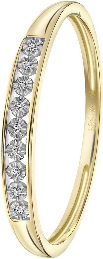 Lucardi Dames Ring met 9 diamanten 0,02ct - Ring - Cadeau - 14 Karaat Goud - Geelgoud