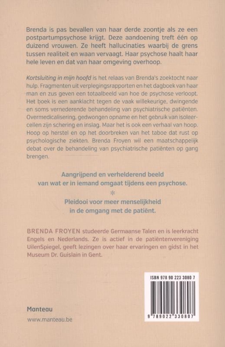 Achterzijde van het boek met de titel Kortsluiting in mijn hoofd, ISBN en informatie over de auteur Brenda Froyen.
