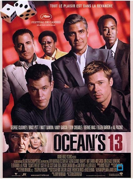 Filmaffiche van Ocean's 13 met de cast: George Clooney, Brad Pitt, Matt Damon, Andy Garcia, Don Cheadle, Bernie Mac.