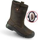 Donkerbruine leren werklaars met Sixton logo, zwarte zool en een ingekaderde close-up van de wollen voering.