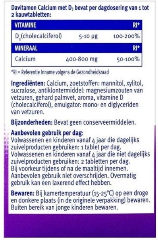 Informatie over Davitamon Calcium + vitamine D3 per dagdosering, ingrediënten, bijzonderheden en aanbevolen gebruik.