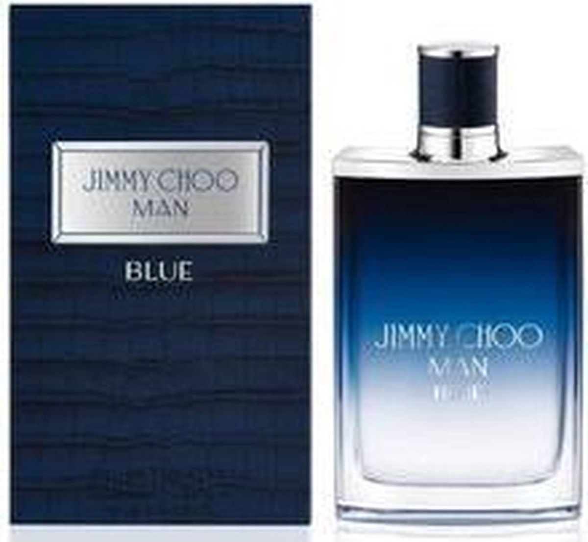 Jimmy Choo Man Blue Eau de Toilette fles met donkerblauwe, vervaagde glazen body en een donkerblauwe dop.