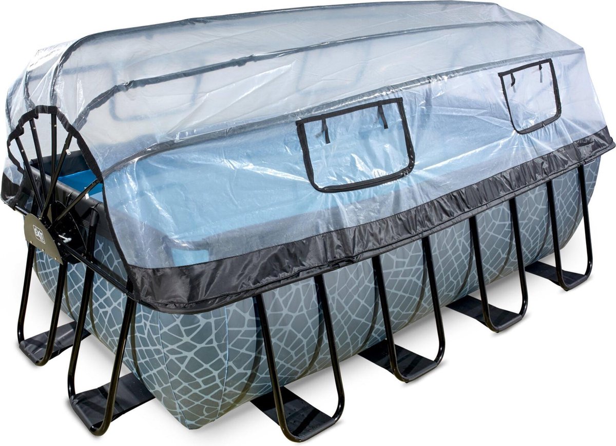 EXIT Stone zwembad 400x200x122cm met zandfilterpomp en overkapping en warmtepomp - grijs