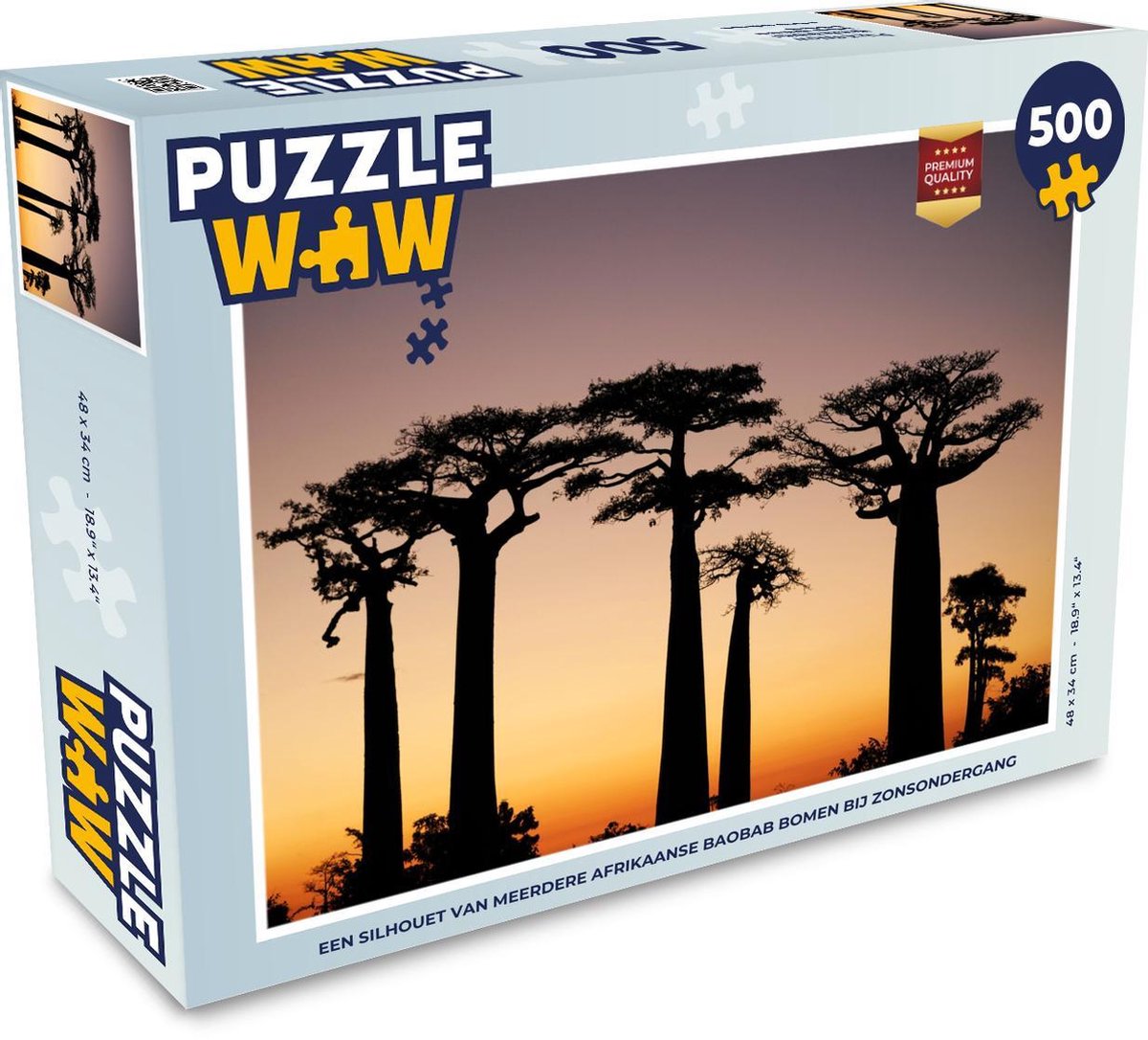 Afbeelding van product Puzzel 500 stukjes Afrikaanse baobabs - Een silhouet van meerdere Afrikaanse baobab bomen bij zonsondergang - PuzzleWow heeft +100000 puzzels