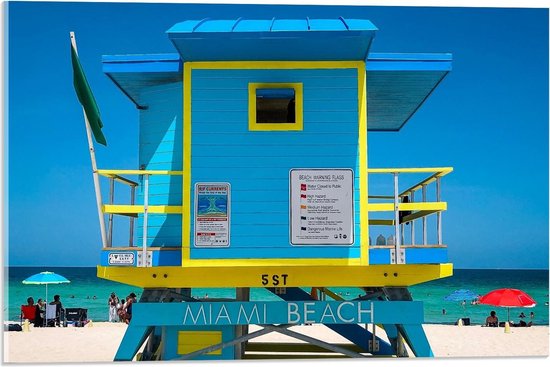 Acrylglas - Blauw Strandhuisje op Miami Beach - 60x40cm Foto op Acrylglas (Wanddecoratie op Acrylglas)