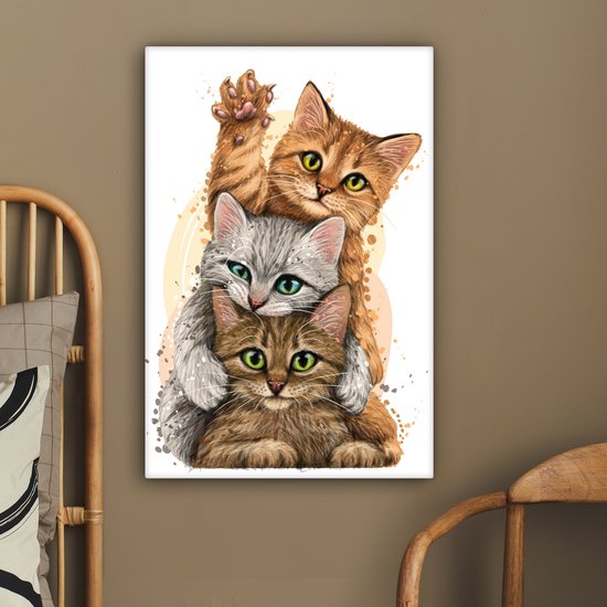 Toile - Illustration - Chatons - Chats - Animaux - Dessin - Peinture sur toile - 40x60 cm - Décoration de chambre