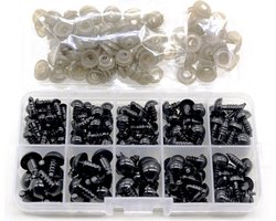 Somstyle Veiligheidsoogjes met Sluitringen Set - 100 Stuks - Ogen voor Knuffels - 6 MM, 8 MM, 9MM, 10 MM & 12 MM - Veiligheidsneusjes - Met Opbergdoos - Zwart & Bruin