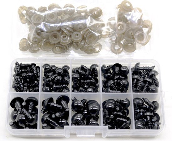 Somstyle Veiligheidsoogjes met Sluitringen Set - 100 Stuks - Ogen voor Knuffels - 6 MM, 8 MM, 9MM, 10 MM & 12 MM - Veiligheidsneusjes - Met Opbergdoos - Zwart & Bruin