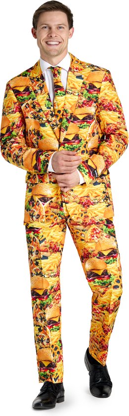 Suitmeister Snack Master - Heren pak - Carnavalskleding - Snack Kostuum - Inclusief Pantalon, Blazer en Stropdas - Geel - Maat L
