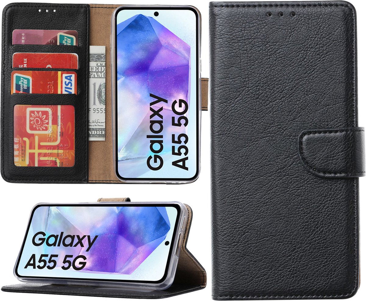Hoesje geschikt voor Samsung Galaxy A55 bookcase met pasjeshouder - Zwart