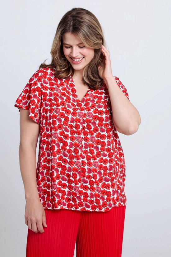 Paprika Blouse in viscose met klaproosmotief en volantmouwen