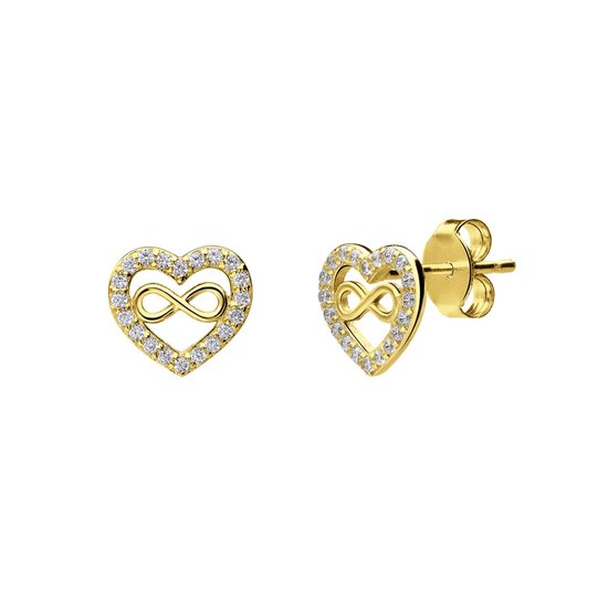 Lucardi Dames Zilveren goldplated oorknoppen hart infinity zirkonia - Oorbellen - 925 Zilver - Goud