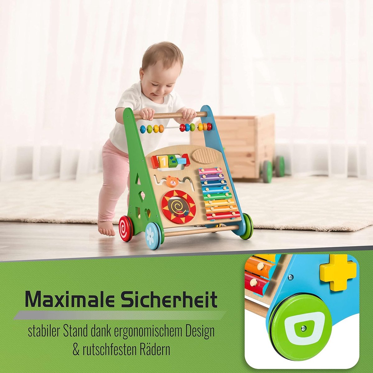 Balinco LEERWAGON WOOD, 3 in 1, Learning Toy Musical Toy Baby Walker for Babies from 6 Months