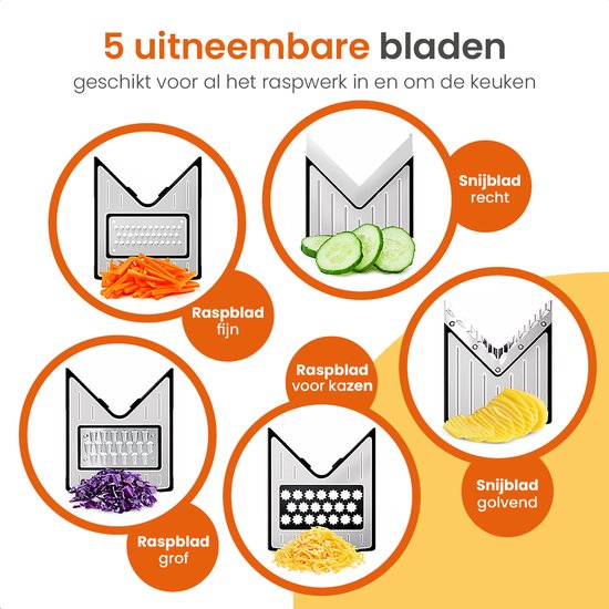 Vijf cirkels tonen de 5 uitneembare bladen van de mandoline groentesnijder met gesneden groenten: geraspte wortel, plakjes komkommer, geraspte kool, geraspte kaas en aardappelchips.