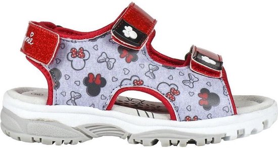 Lichtgrijze sandal met rode glitter bandjes en Minnie Mouse print.