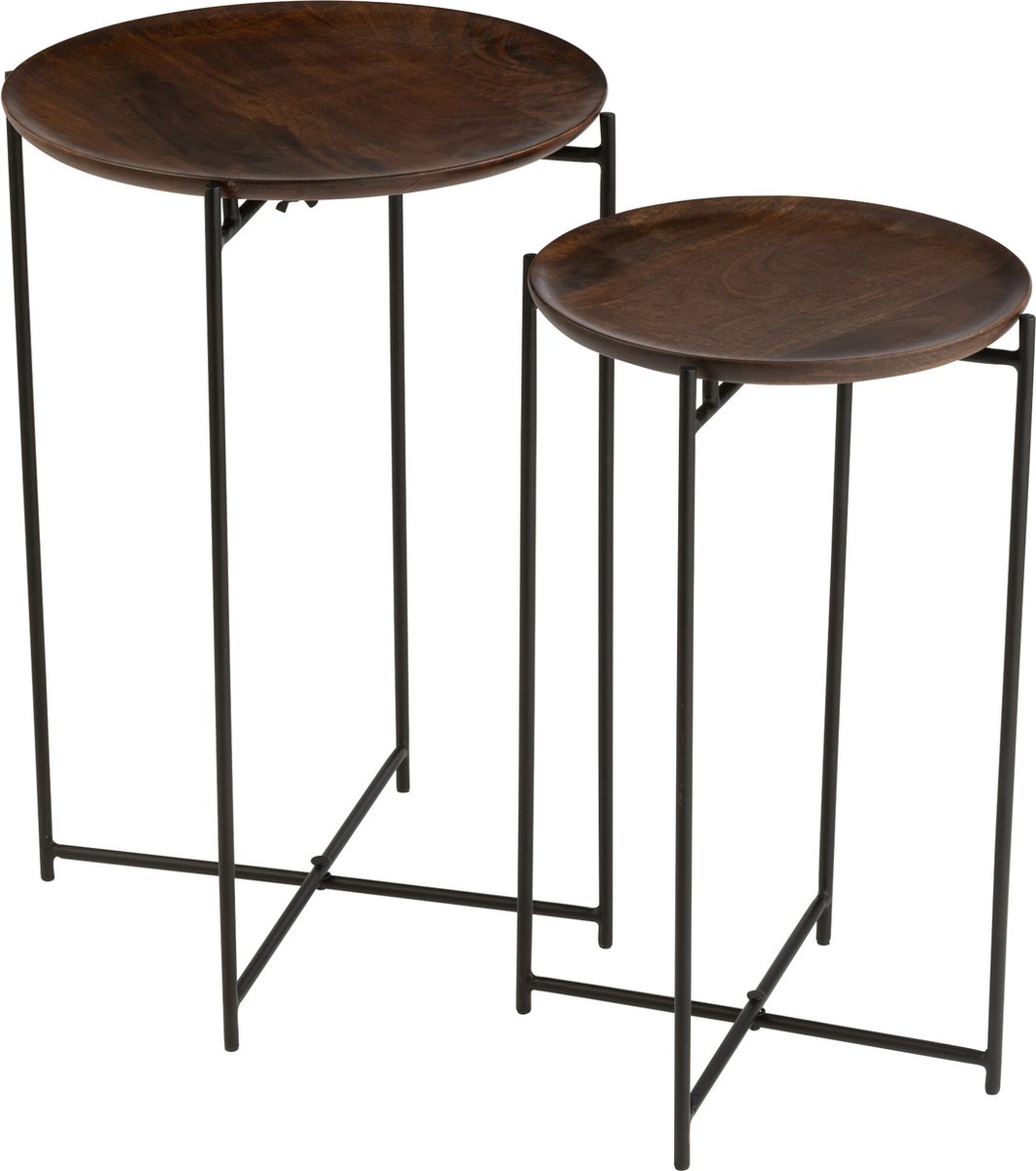 J-Line bijzettafel Rond - ijzer/hout - bruin/zwart - 2 stuks