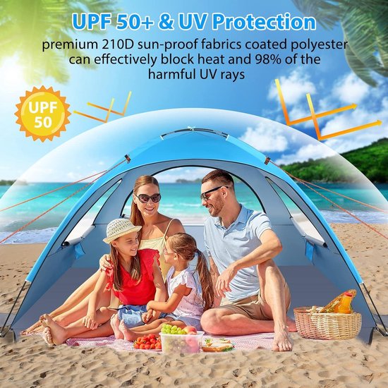 Strandtent 3-4 personen 50+ bescherming strandschelptent - gezinstent met voor- en achterdeur - windbescherming - strand tuin - hemelsblauw Beach Tent van Giglio — afbeelding 4