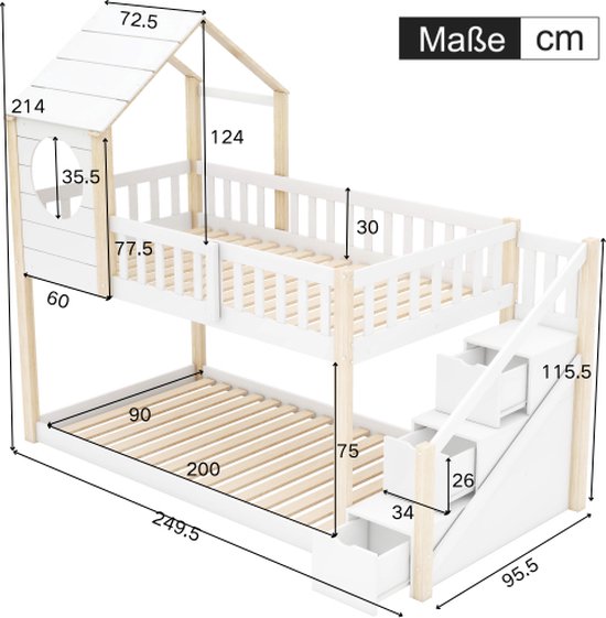 Soweiz Kinderbed, boomhuisbed, dagbed, eenpersoonsbed, uittrekbed, schuifbed met wieltjes onderaan, massief hout, wit bed, natuurkleurige dakstoel (200 x 90 cm