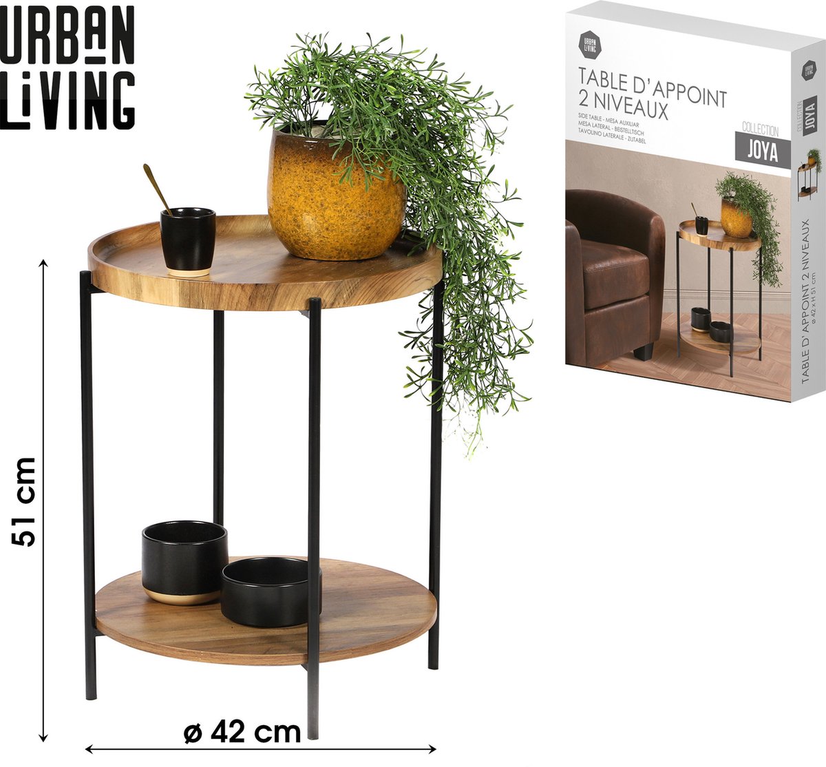 Urban Living "JOYA" - Ronde bijzettafel met 2 niveaus, diameter 42 cm x hoogte 51 cm Walnootdecor