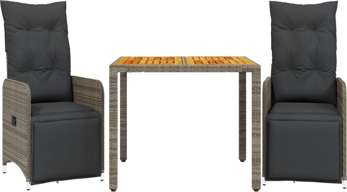 VidaXL 3-delige Bistroset met kussens poly rattan grijs