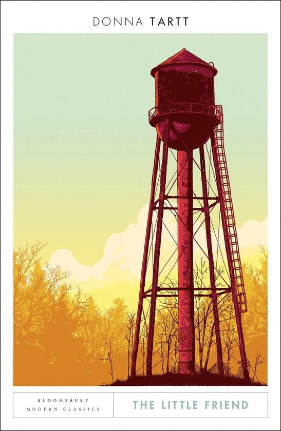 Boekomslag van The Little Friend door Donna Tartt met een rode watertoren tegen een zonsondergang en bomen.