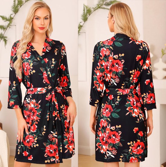 Lovasy Korte badjas voor dames, bedrukt, zachte en lichte badjas, kimono, jurken, knielang, loungewear met V-hals en riem, B zwarte bloem, S