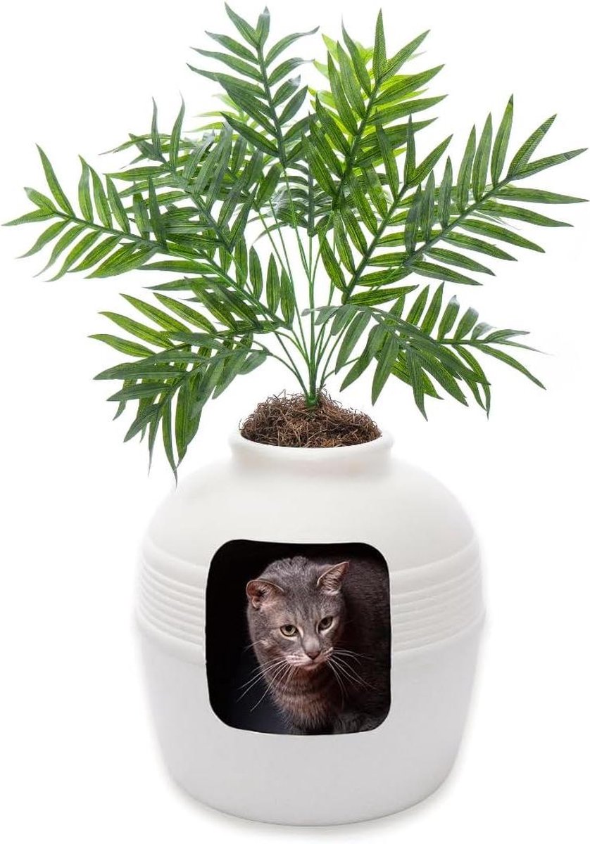 Kattenbak – Kunstplanten – Ingesloten – Geventileerd – Geurfilter – Witte Berk – Makkelijk schoon te maken Kattenbak