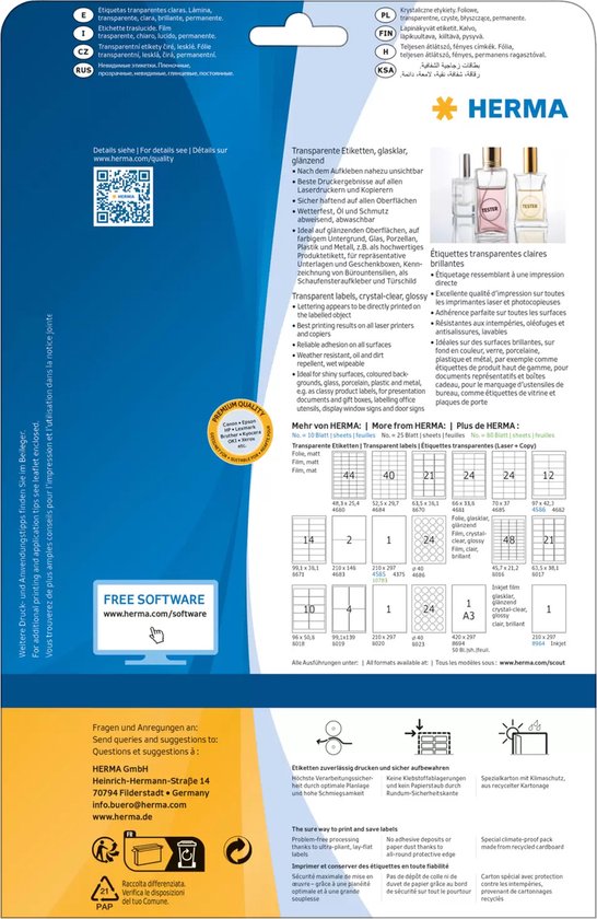 HERMA 8023 weerbest folielabels A4 transparant ( 40 mm, 25 velles, polyesterfolie, glanzend, rond) zelfklevend, bedrukbaar, permanent klevende etiketten, 600 etiketten voor printer