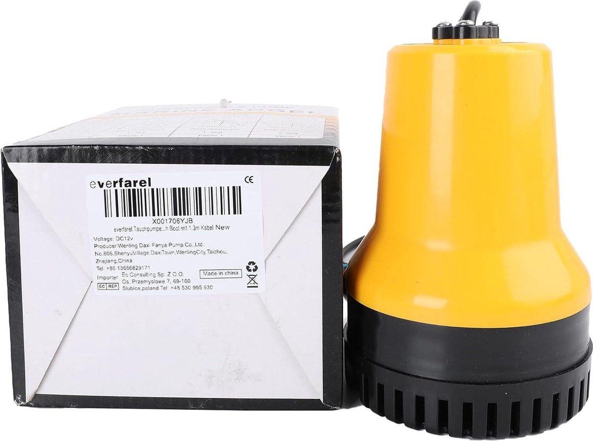 Everfarel Pompe Submersible 12V 60W 3600 L/h – Pompe Eau DC Pour Bassin, Bateau, Camping Avec Câble 1,3 M