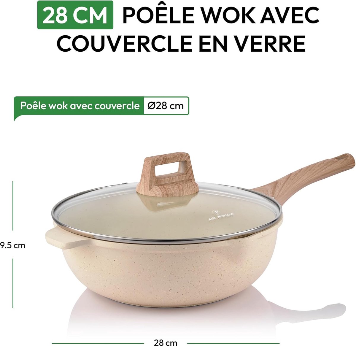 Perfecto Wokpan Met Deksel 28 Cm Diepe Braadpan Anti-Aanbaklaag Inductie Geschikt - Softtouch Koudgreep - Beige