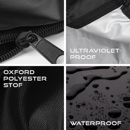 Detailafbeeldingen van een zwarte parasolhoes: rits, de tekst 'ULTRAVIOLET-PROOF', de tekst 'OXFORD POLYESTER STOF' en waterdruppels op een waterdicht oppervlak.