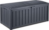 Glenwood Kussenbox 390 liter - waterdicht - grafiet houtlook - zitbank voor 2 volwassenen - 128 x 65 x 61 cm - tuinbox - opbergbox