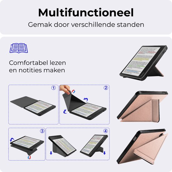 Hoesje Geschikt voor Kobo Libra Colour Hoesje Luxe Bescherm Case Trifold Met Screenprotector - Hoes Geschikt voor Kobo Libra Colour Hoes Book Cover - Rosé Goud van Hoesje  — afbeelding 5