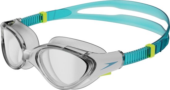 Speedo Biofuse 2.0 zwembril met helder frame en turquoise band met gele details.