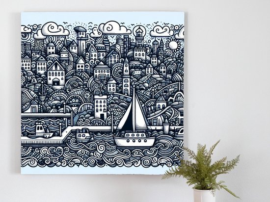 Doodle haven artwork | Griffon's Harbour: An Intricate Tapestry of Doodled Delight and Fantasy | Kunst - 100x100 centimeter op Dibond | Foto op Dibond