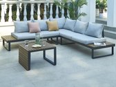 MYLIA Moduleerbare tuinsalon van aluminium en polywood: 1 hoekbank + 1 salontafel - Antraciet en licht naturel - KARPENISI van MYLIA L 159 cm x H 63 cm x D 68 cm