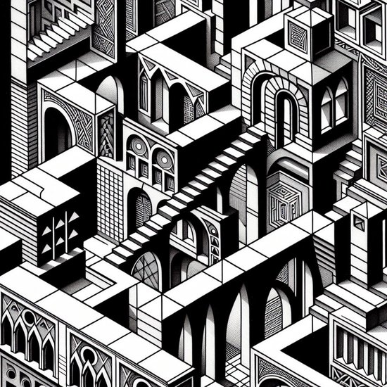 Line art escher schilderij | Escher's Line Art: A Mind-Bending Masterpiece of Optical Illusion | Kunst - 100x100 centimeter op Canvas | Foto op Canvas