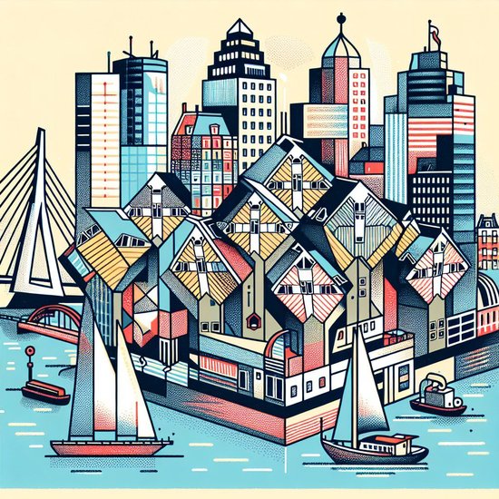 Doodle rotterdam artwork | Rotterdam's Doodle Delight: An Artistic Exploration of Urban Life | Kunst - 30x30 centimeter op Canvas | Foto op Canvas - wanddecoratie schilderij