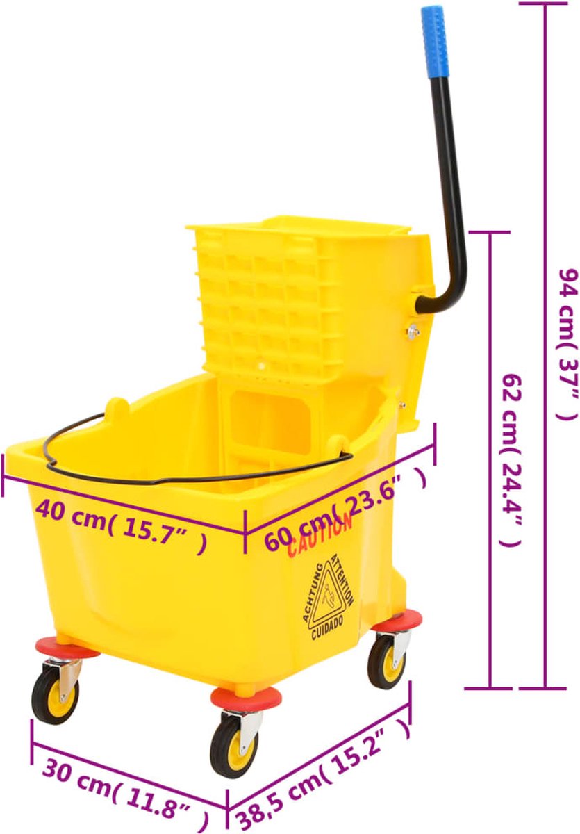 Dweilemmer met wringer en wielen 36 L polypropeen geel