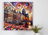 Abstract amsterdam schilderij | Amsterdamse abstracte kunst: een kleurrijk stadsgezicht vol mysterie | Kunst - 100x100 centimeter op Forex | Foto op Forex