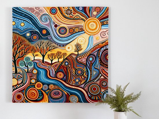 Acryl aboriginal schilderij | Colorful Connections: A Vibrant Exploration of Indigenous Australian Art | Kunst - 60x60 centimeter op Canvas | Foto op Canvas