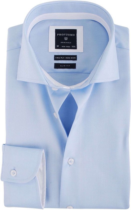 Profuomo slim fit overhemd - 2-ply twill - lichtblauw (contrast) - Strijkvrij - Boordmaat: 38